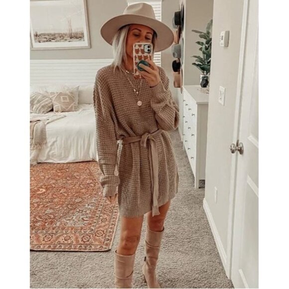 Zesica Waffle Knit Sweater Dress Size Medium Womens NWT Tie Waist Long Sleeve - Picture 1 of 16